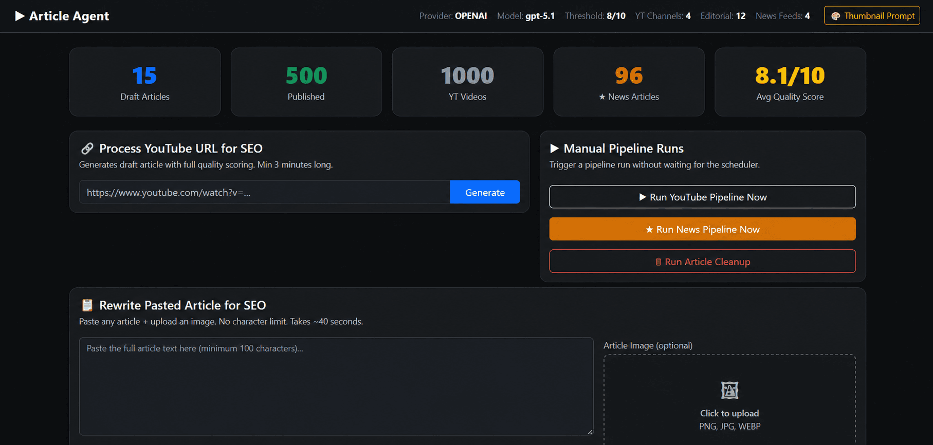 Autonomous Content Agent — dashboard: pipeline stats, YouTube URL processor, manual run triggers
