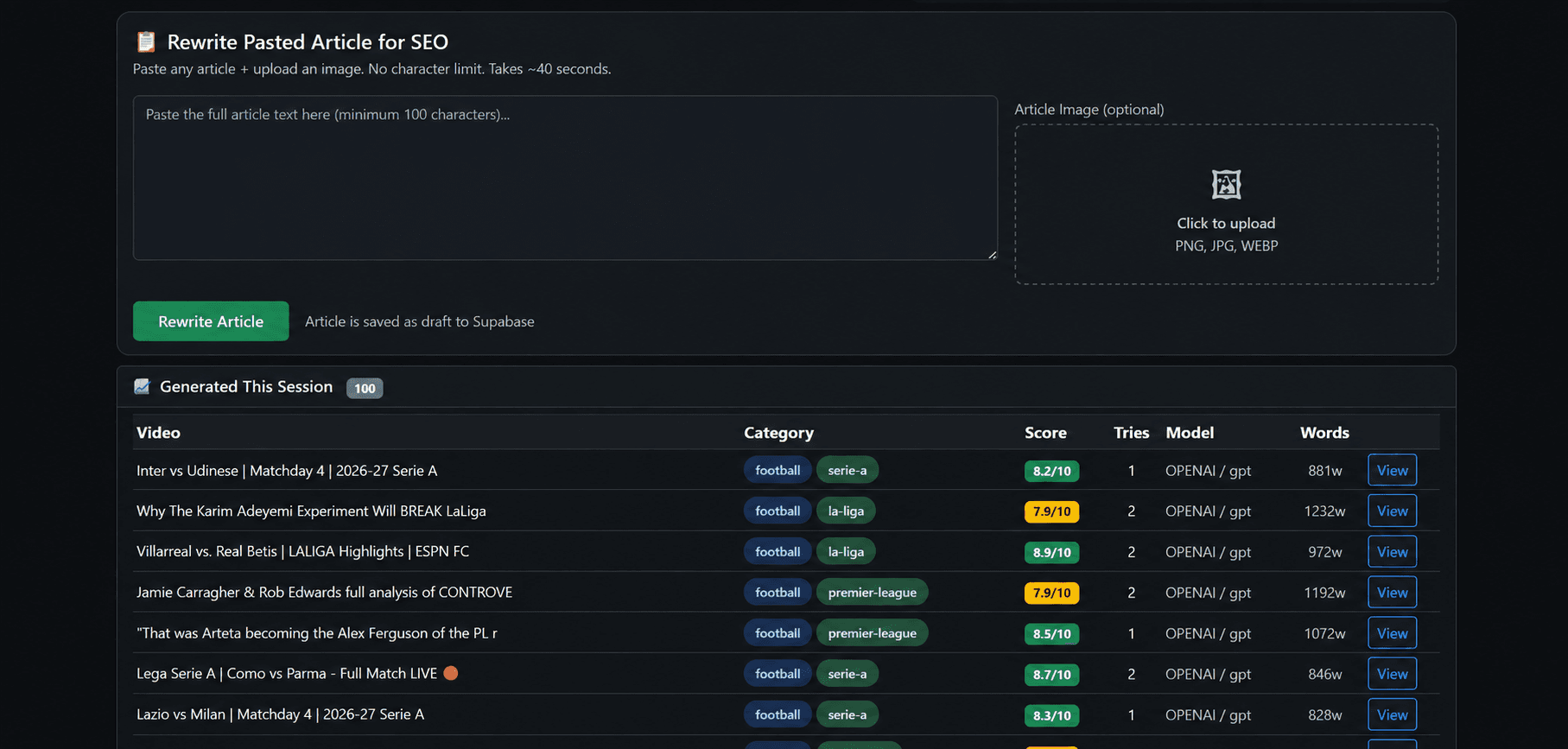Autonomous Content Agent — session log of 100 generated articles with SEO score, tries, and word count
