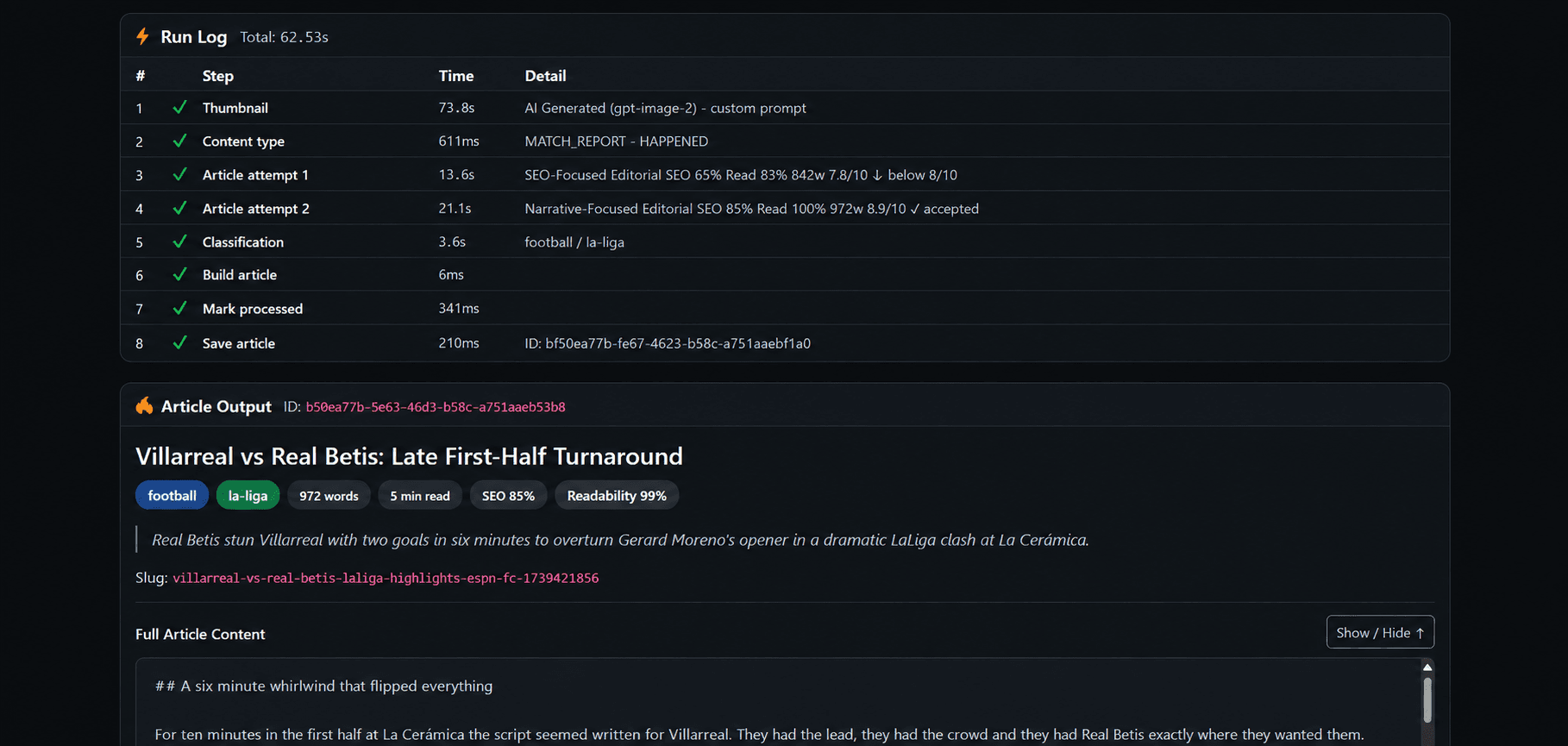 Autonomous Content Agent — full pipeline run log from thumbnail generation through save