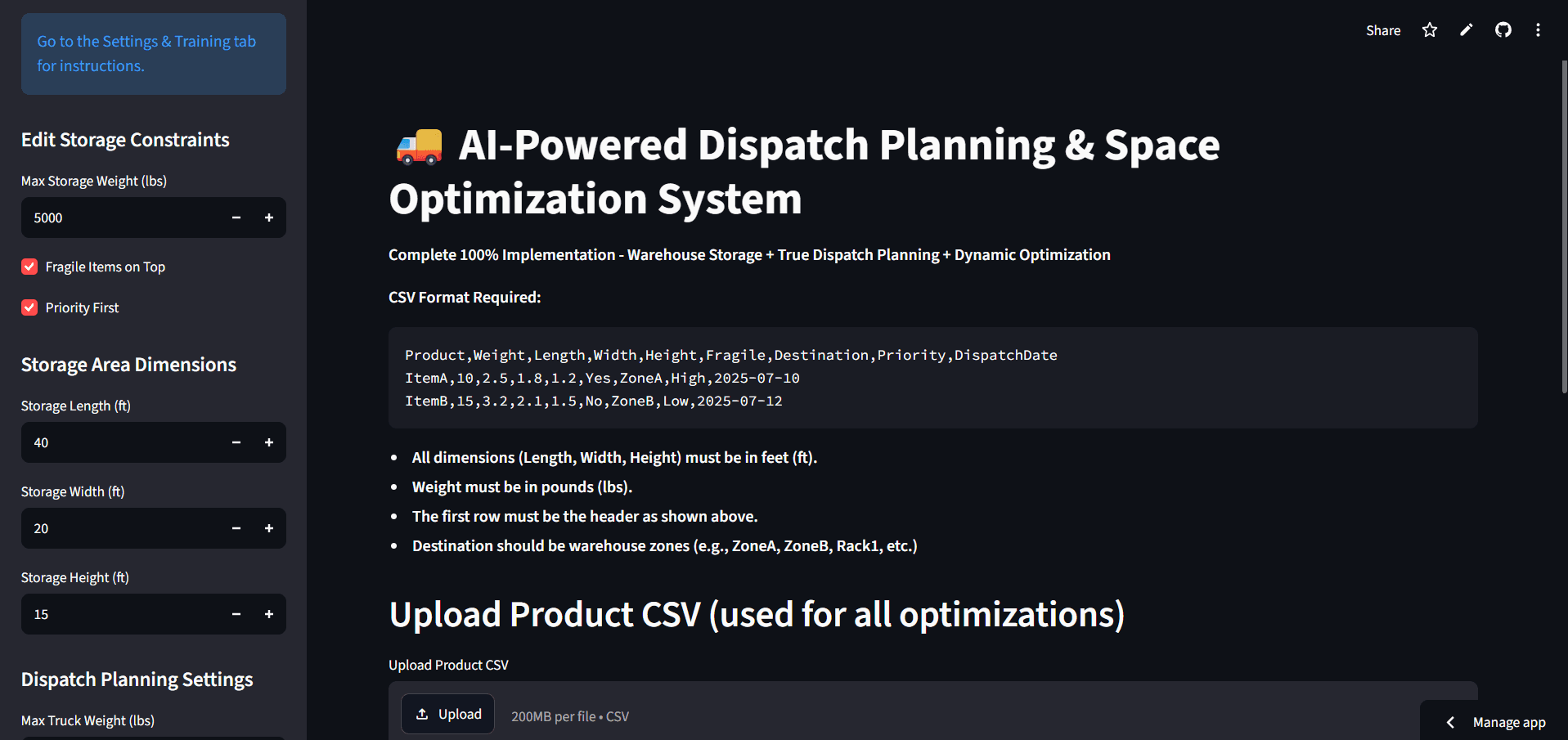Dispatch Planning & Warehouse Optimization — CSV upload and storage constraints setup