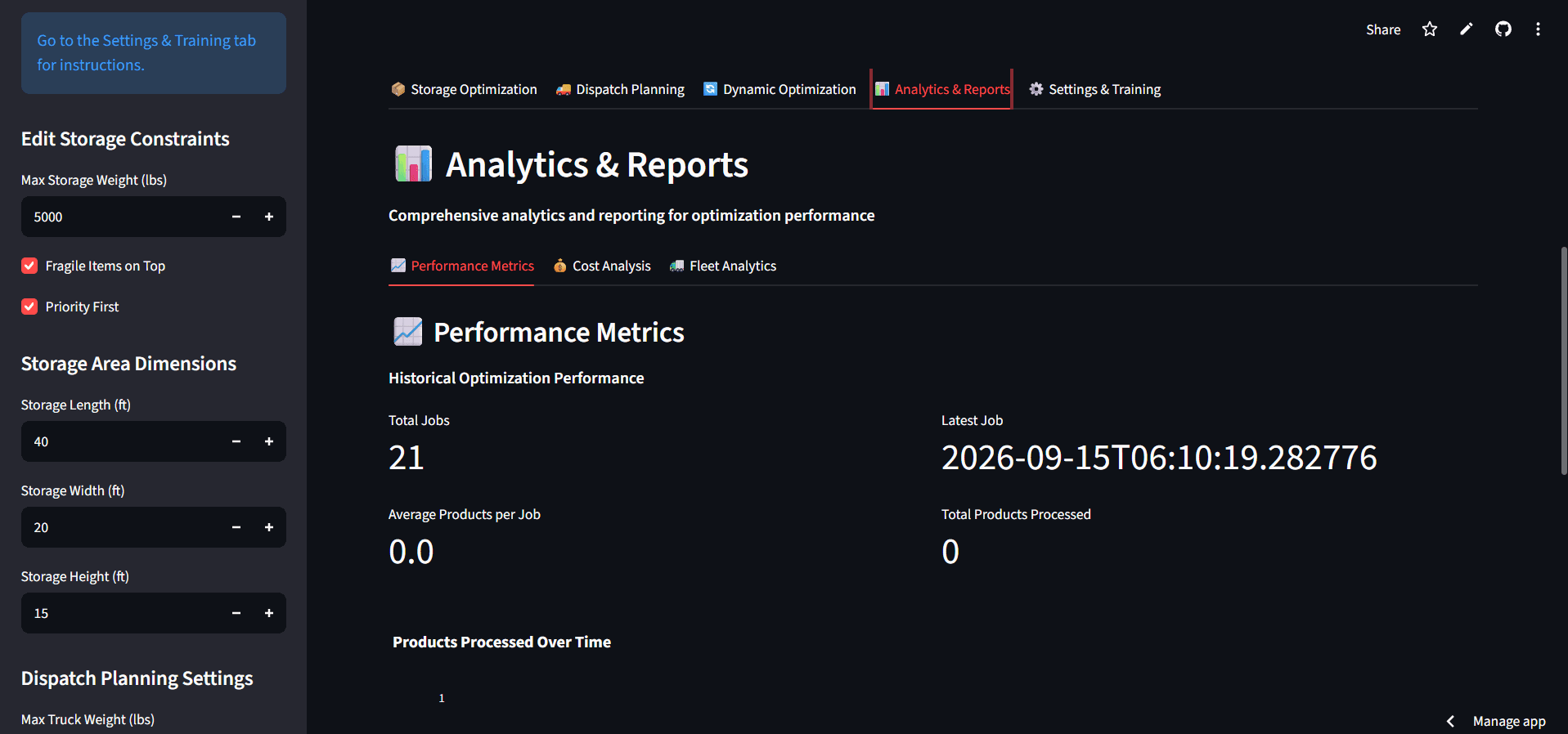 Dispatch Planning & Warehouse Optimization — analytics performance metrics