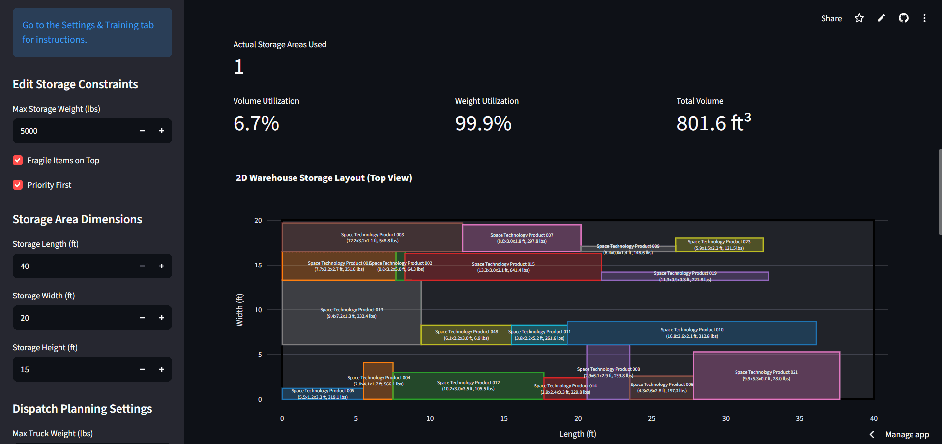 Dispatch Planning & Warehouse Optimization — optimized storage plan with 2D warehouse layout
