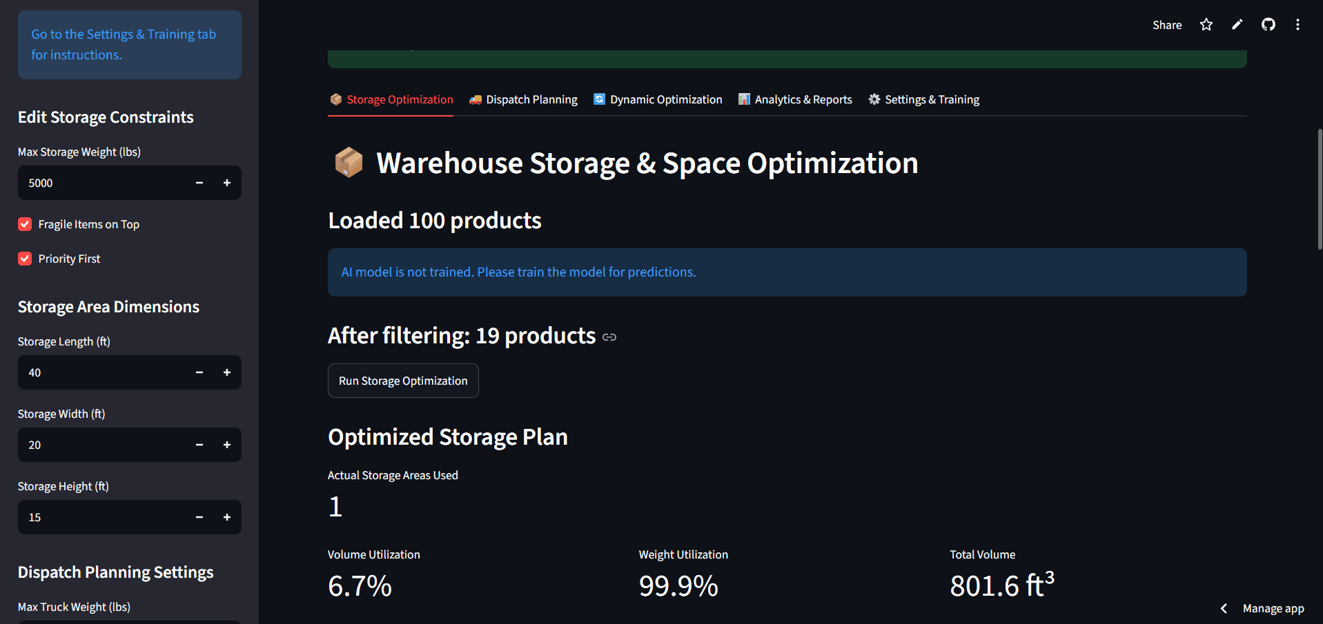 Dispatch Planning & Warehouse Optimization — main navigation across Storage, Dispatch, Dynamic Optimization, Analytics, and Settings tabs