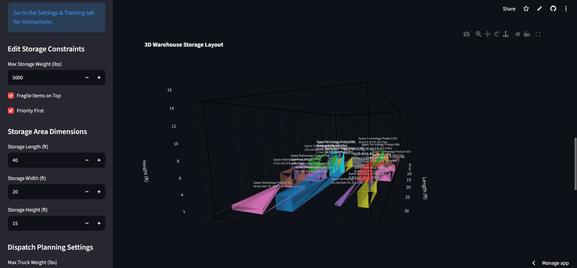 Dispatch Planning & Warehouse Optimization — interactive 3D warehouse storage visualization