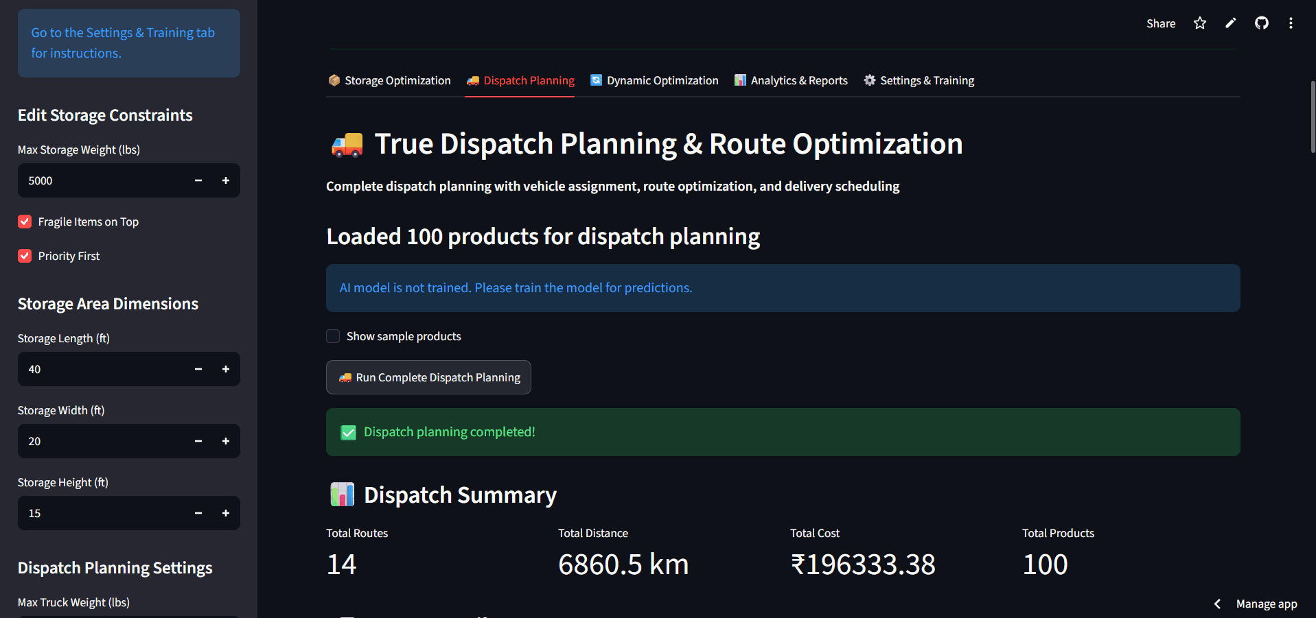 Dispatch Planning & Warehouse Optimization — dispatch planning summary with routes, distance, and total cost