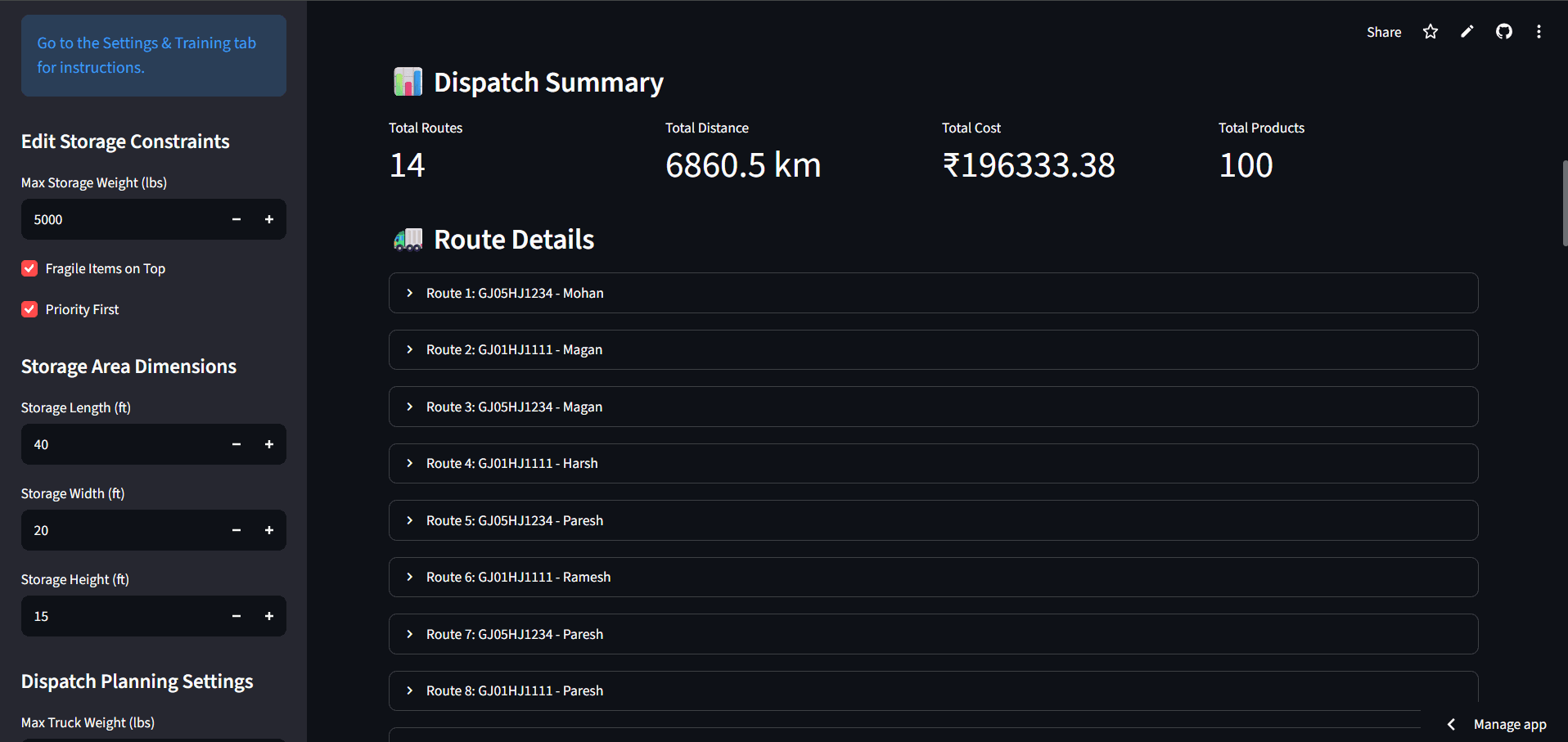 Dispatch Planning & Warehouse Optimization — route list with assigned vehicles and drivers