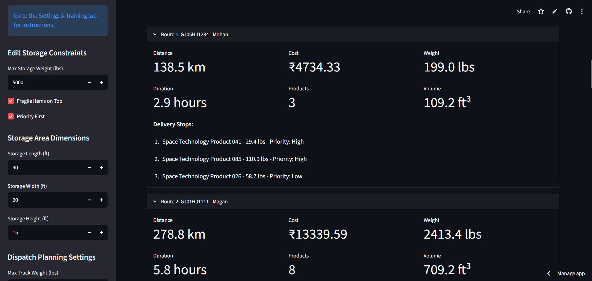 Dispatch Planning & Warehouse Optimization — expanded route details with delivery stops