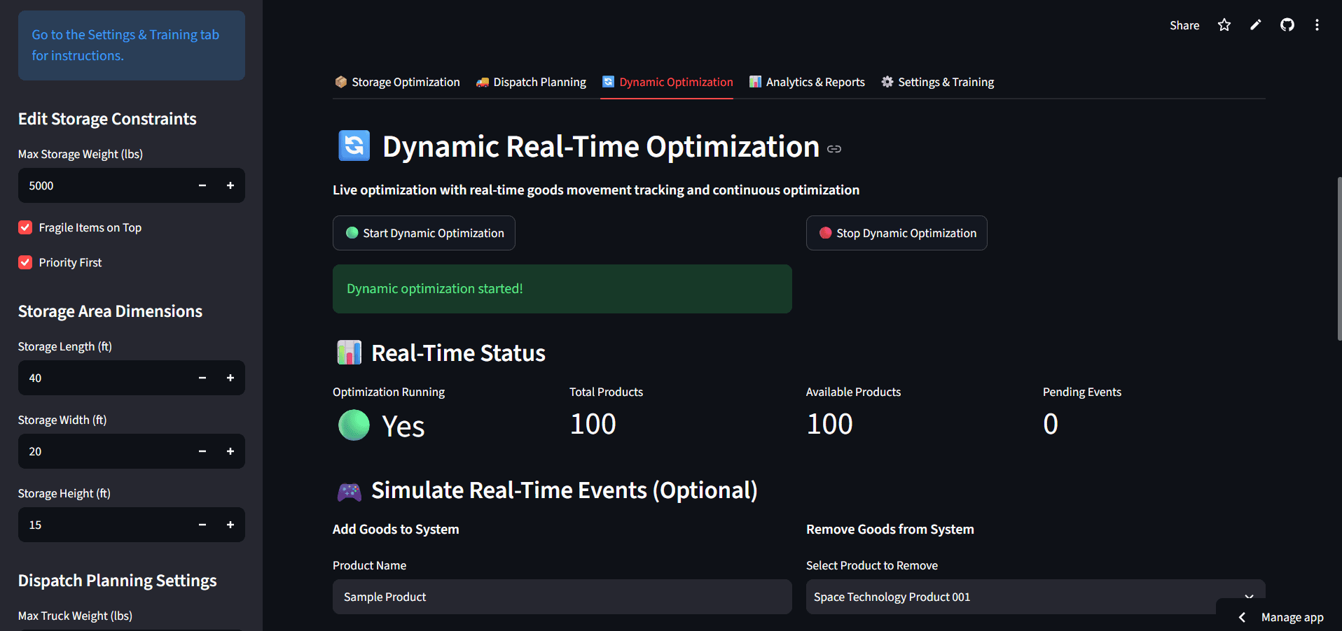 Dispatch Planning & Warehouse Optimization — dynamic real-time optimization controls