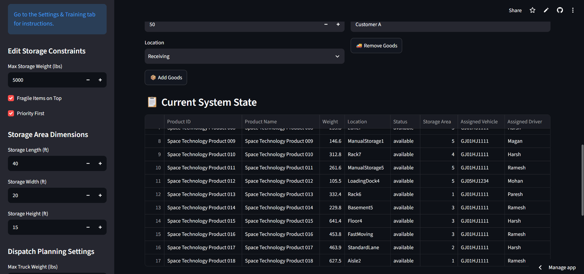 Dispatch Planning & Warehouse Optimization — live system state table and simulated inventory events