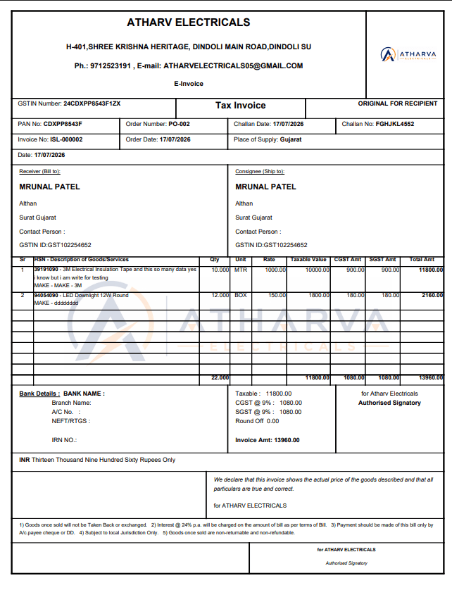 Invoice & Payment Management System — generated GST-compliant tax invoice PDF