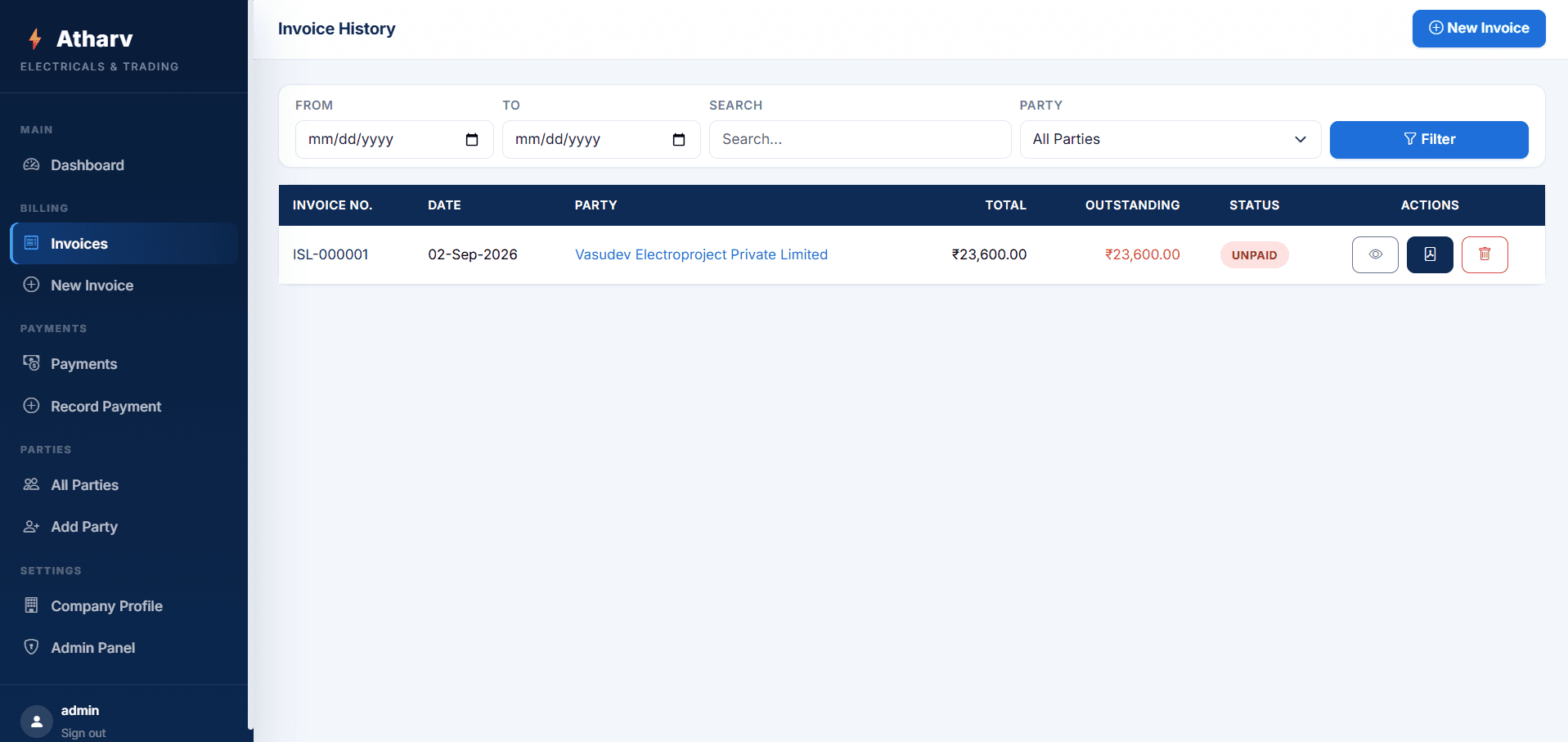 Invoice & Payment Management System — invoice history with filtering and status