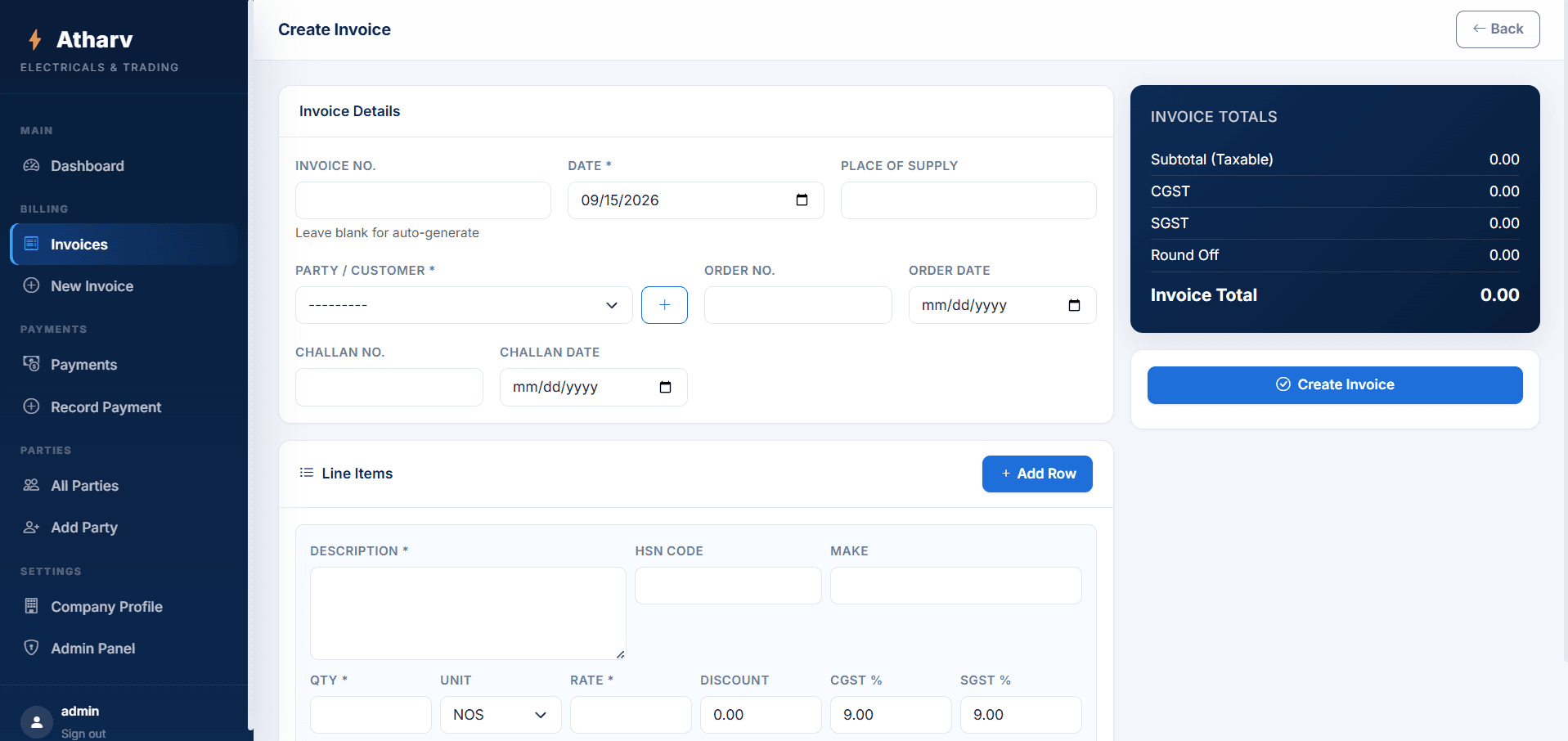 Invoice & Payment Management System — create invoice form with line items and live totals