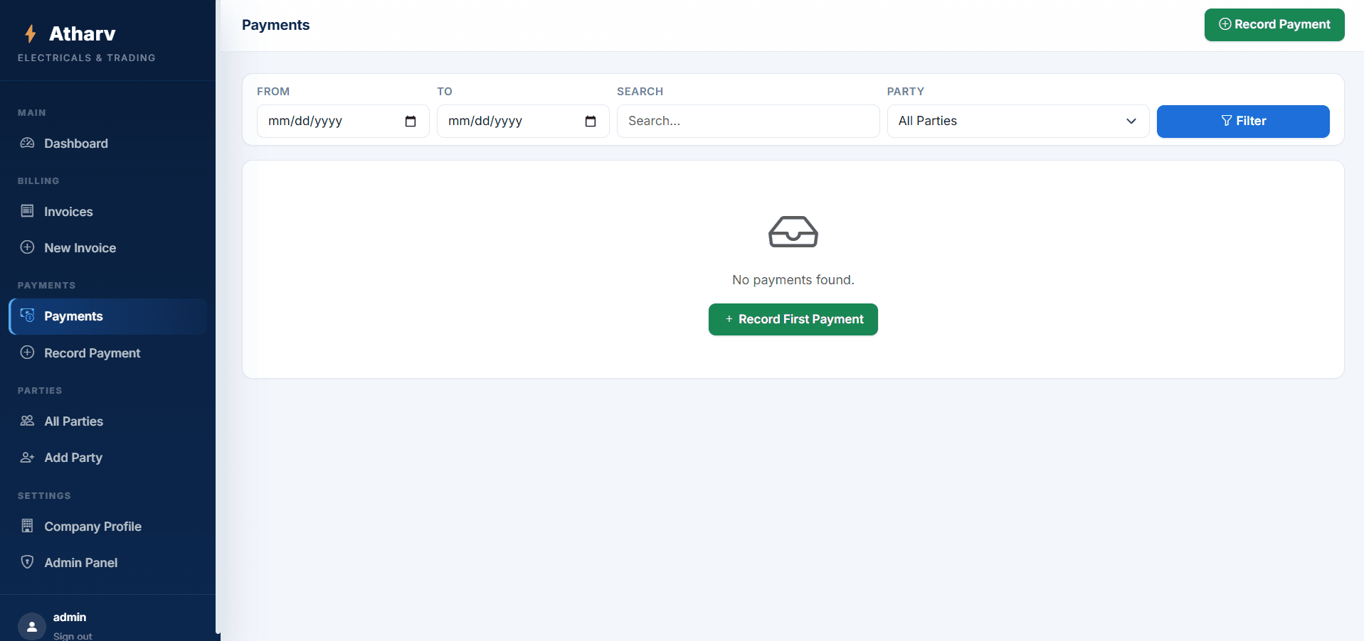 Invoice & Payment Management System — payments tracking page