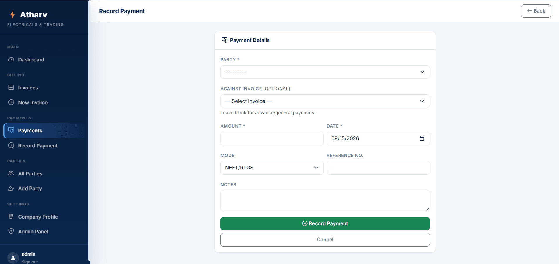 Invoice & Payment Management System — record payment form