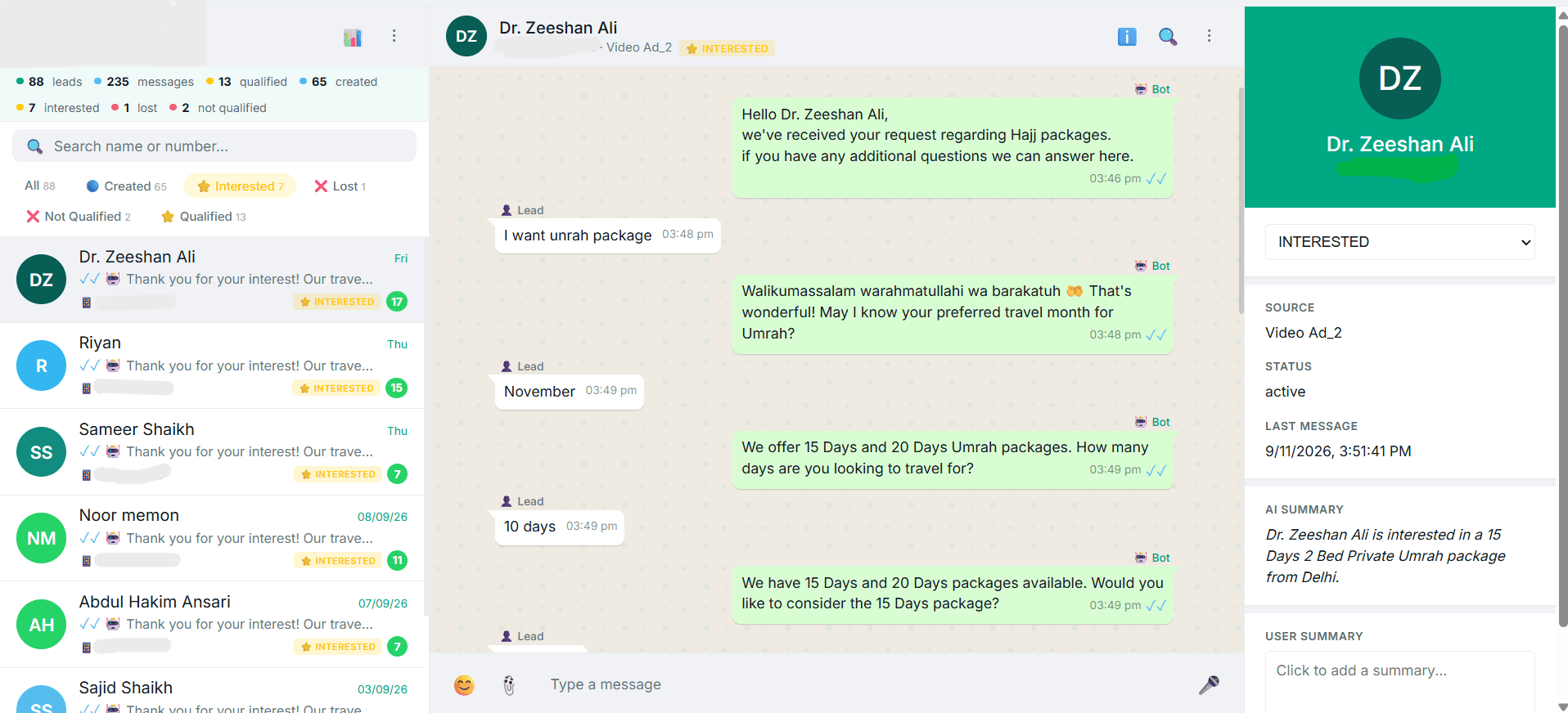 WhatsApp Lead Qualification Bot — internal dashboard with lead list, chat view, and AI summary