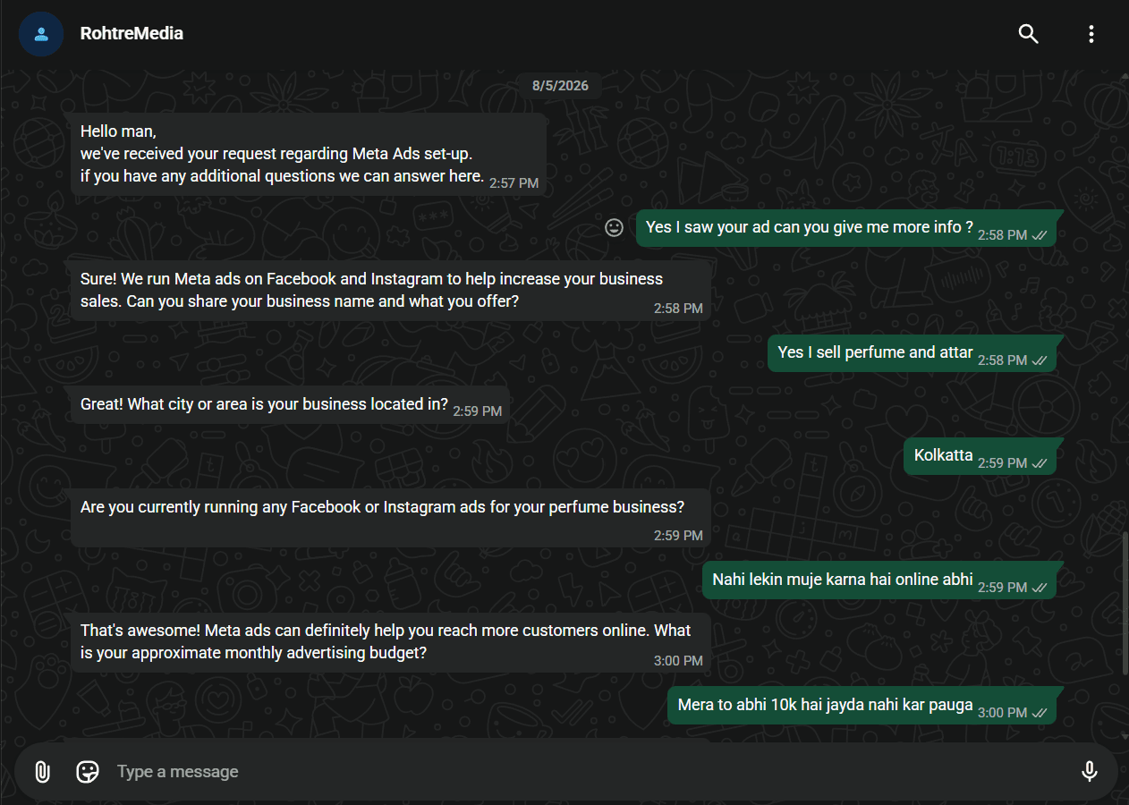 WhatsApp Lead Qualification Bot — opening template message and qualifying conversation
