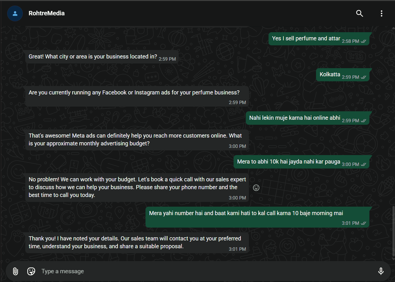 WhatsApp Lead Qualification Bot — conversation continuing through to sales handoff