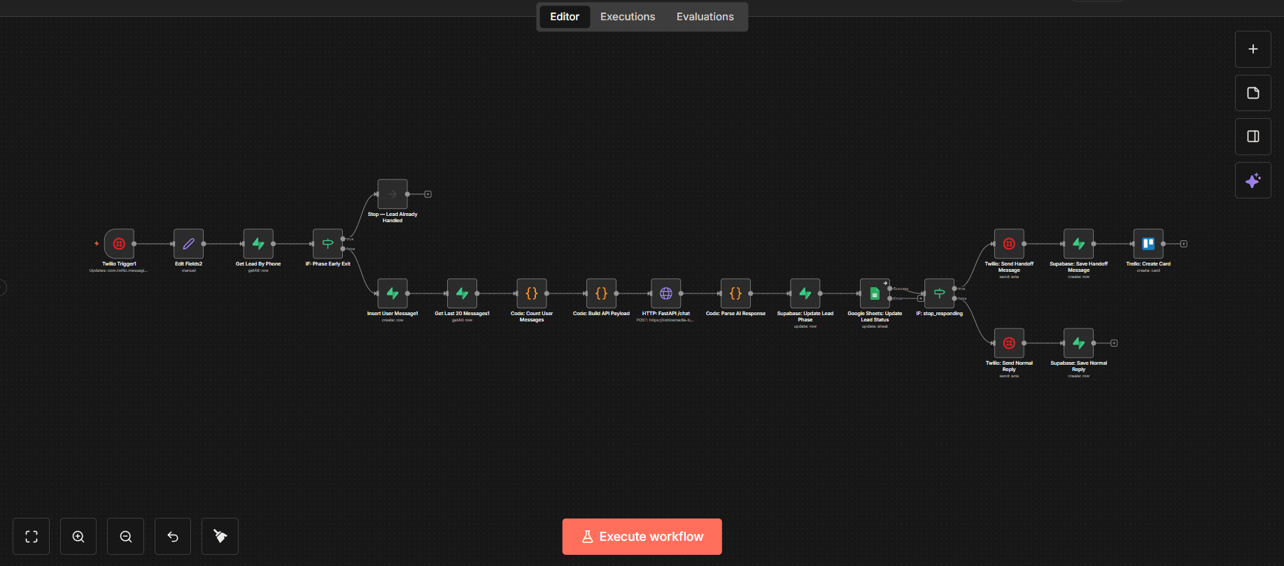 WhatsApp Lead Qualification Bot — n8n conversation engine with AI response, status tracking, and handoff routing