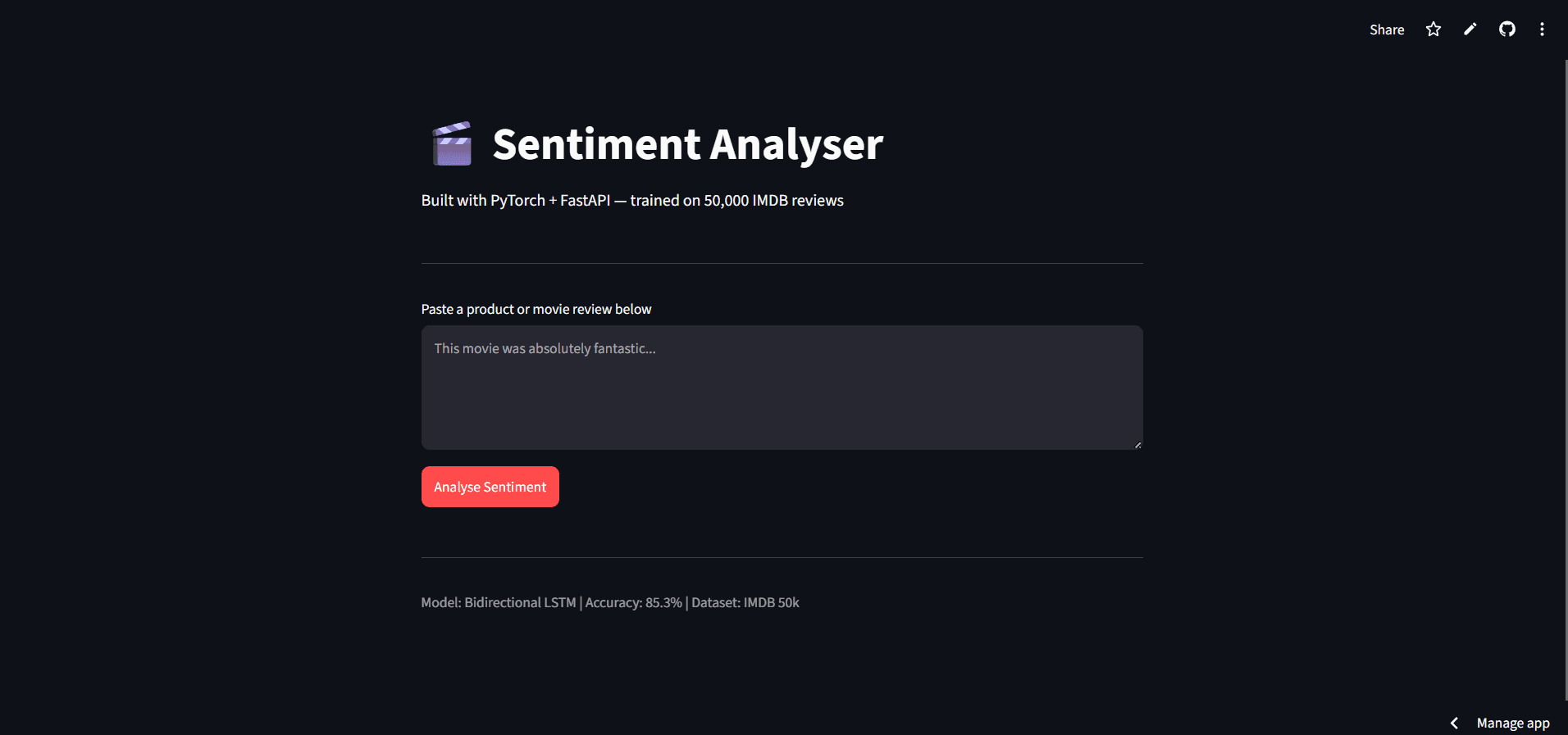Sentiment Analysis API — Streamlit demo landing screen