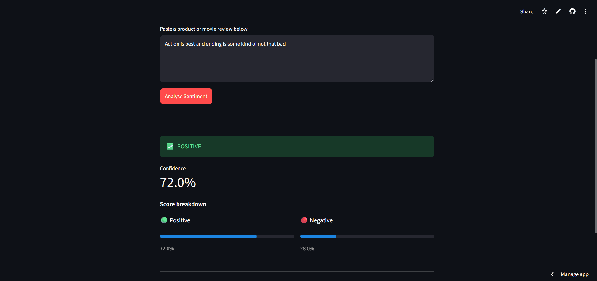 Sentiment Analysis API — positive sentiment result with confidence breakdown